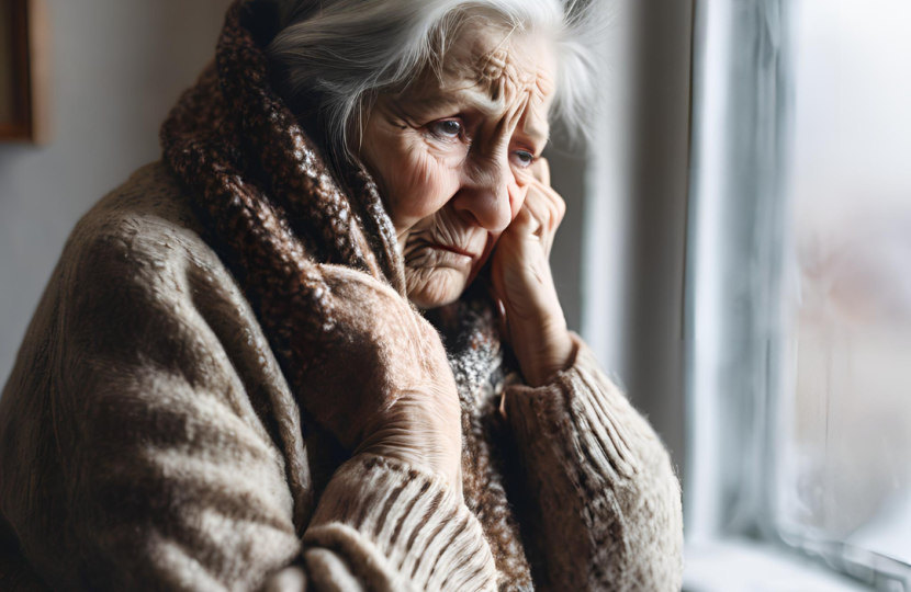 AI generated image of an elderly woman struggling to keep warm in her house