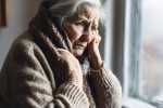 AI generated image of an elderly woman struggling to keep warm in her house