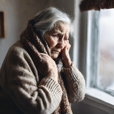 AI generated image of an elderly woman struggling to keep warm in her house